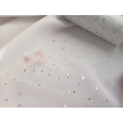 Фатин с пайетками "Горох", ширина 15 см, цвет белый