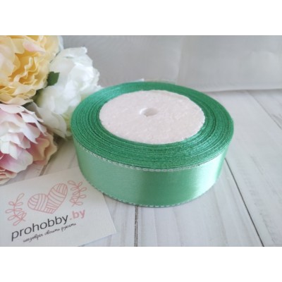 Лента атласная с люрексом 25 мм, цвет тиффани/серебро 054