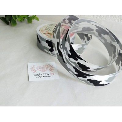 Лента атласная "Камуфляж", 25 мм, цвет белый/серо-чёрный