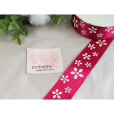 Лента атласная 25 мм "Цветы", цвет малиновый/белый