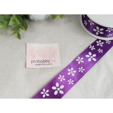 Лента атласная 25 мм "Цветы", цвет фиолетовый/белый