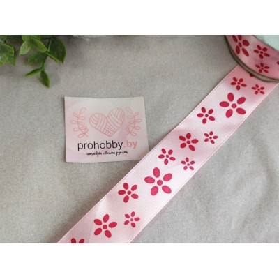 Лента атласная 25 мм "Цветы", цвет светло-розовый/красный