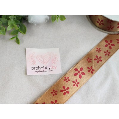 Лента атласная 25 мм "Цветы", цвет светло-коричневый/красный
