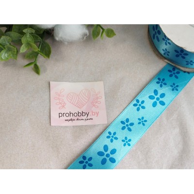 Лента атласная 25 мм "Цветы", цвет голубой/синий