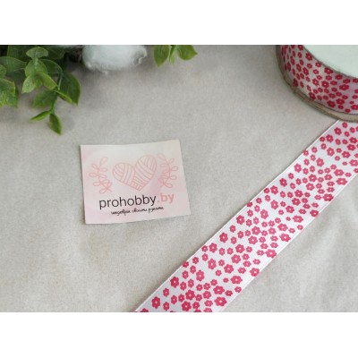 Лента атласная 25 мм "Цветочки", цвет белый/розовый