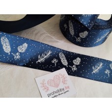 Лента атласная "Шишки и веточки", 40 мм, цвет тёмно-синий/белый №38