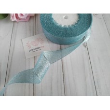 Лента парча 25 мм, цвет голубой/серебро