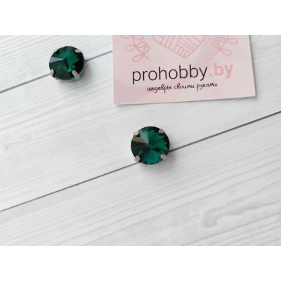Стразы в цапах пришивные, круг 12 мм, цвет изумруд в серебре