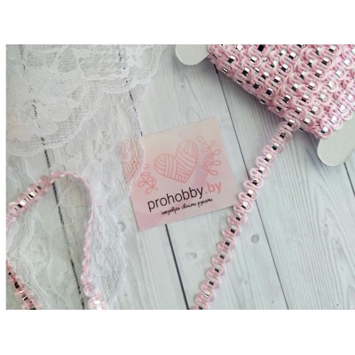 Тесьма отделочная с люрексом, 8 мм, цвет светло-розовый/серебро