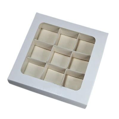 Коробка для конфет самосборная с окном, 9 ячеек, 15*15*3 см, цвет белый